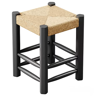 Modern Stool With Black Wooden Legs Crossed Rungs And Light Brown Woven Seat 3d model