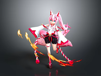Game and Movie Character With Pink Hair Fox Ears White Pink Outfit And Flame Effects 3d model