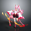 Game and Movie Character With Pink Hair Fox Ears White Pink Outfit And Flame Effects