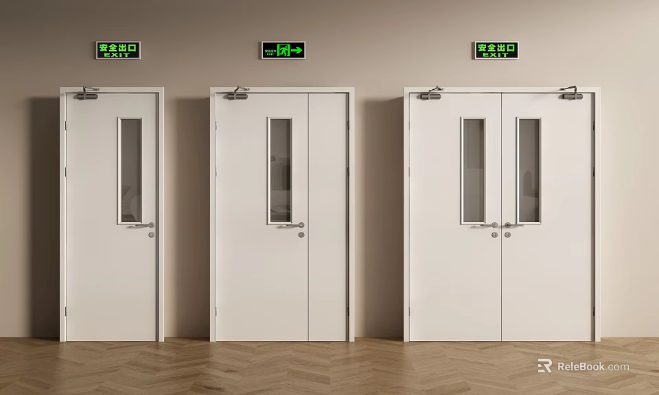 Modern White Double Doors With Glass Panels And Emergency Exit Signs 3d model 