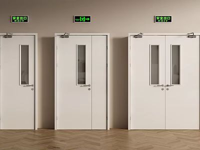 Modern White Double Doors With Glass Panels And Emergency Exit Signs 3d model