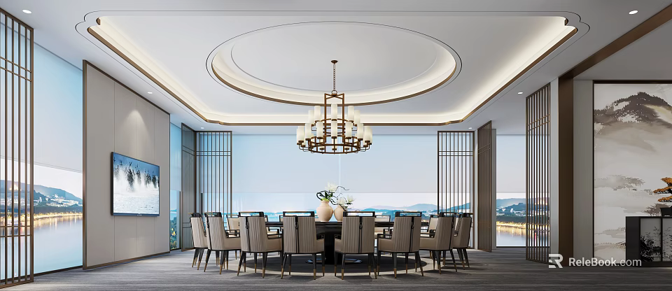 Elegant Private Dining Room Interior With Circular Ceiling Chandelier Dining Table Chairs And Mountain View 3d model