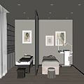 Modern SPA Sauna Room Interior With Massage Tables Decorative Paintings And Product Shelves