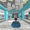 Modern Subway Station With Turquoise Columns White Pendant Lights Marble Floor Escalator Glass Doors