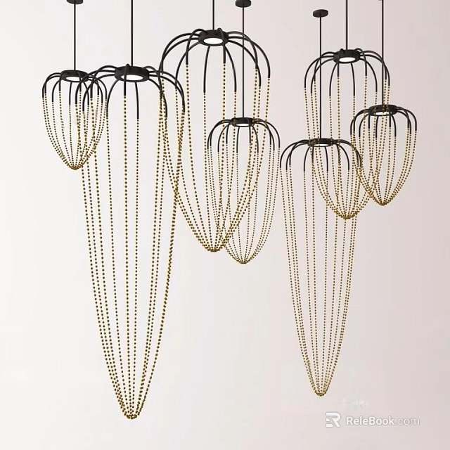 Modern Minimalist Multiple Chandeliers With Metal Frames And Decorative Hanging Chains Design 3d model