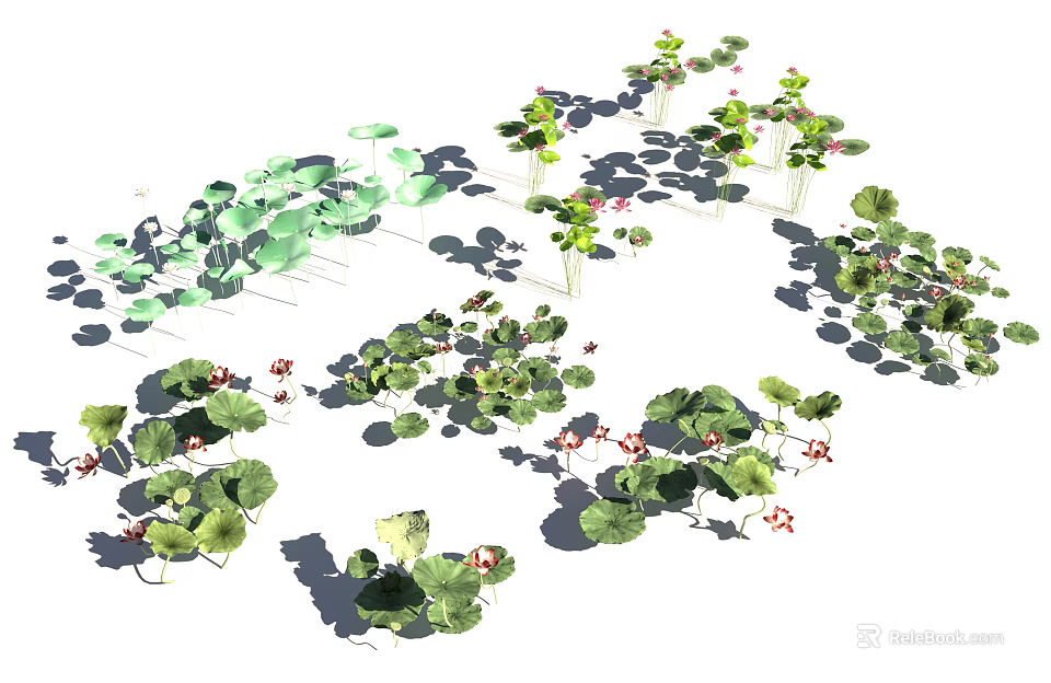 Vibrant Green Leafy Plants and Red Small Flowers in Garden Arrangement 3d model 