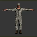 Man in military camouflage uniform stands with arms outstretched wearing brown boots against gray background