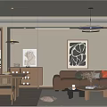 Modern Living And Dining Room Interior With Leather Sofa Wooden Table Chandelier Artwork And Rug