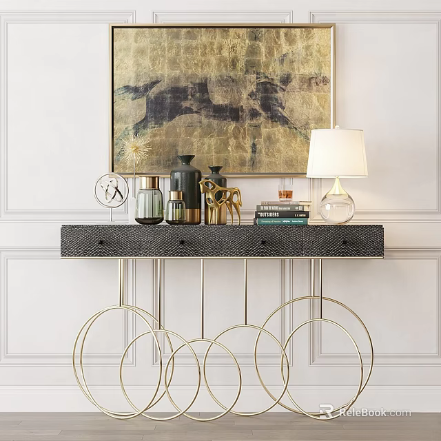 Elegant Console Table With Decorative Items Lamp Books And Wall Art On White Wall 3d model 