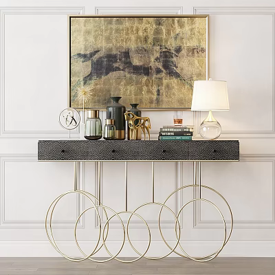 Elegant Console Table With Decorative Items Lamp Books And Wall Art On White Wall 3d model