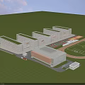 Modern School Campus Buildings With Classroom Blocks Sports Field And Green Lawns