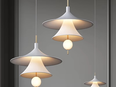 Modern Hanging Chandeliers Set Of Three With White Umbrella Shades And Spherical Bulbs 3d model