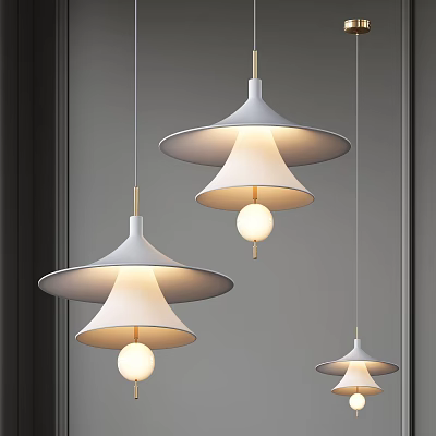 Modern Hanging Chandeliers Set Of Three With White Umbrella Shades And Spherical Bulbs 3d model