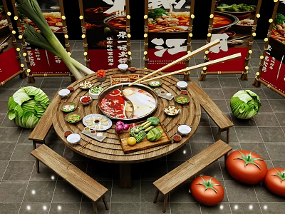 Authentic Hotpot Restaurant Featuring Round Wooden Table Central Hotpot Fresh Ingredients Chopsticks And Decorative Lighting 3d model