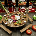 Authentic Hotpot Restaurant Featuring Round Wooden Table Central Hotpot Fresh Ingredients Chopsticks And Decorative Lighting
