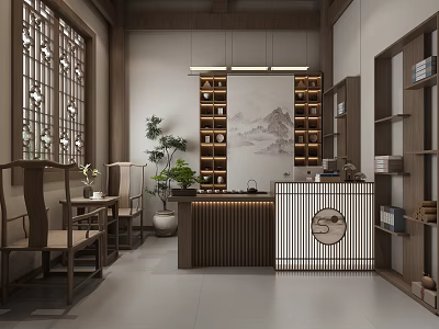 Traditional Chinese Teahouse Interior With Wooden Furniture Lattice Windows And Tea Sets Landscape Painting 3d model