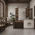 Traditional Chinese Teahouse Interior With Wooden Furniture Lattice Windows And Tea Sets Landscape Painting