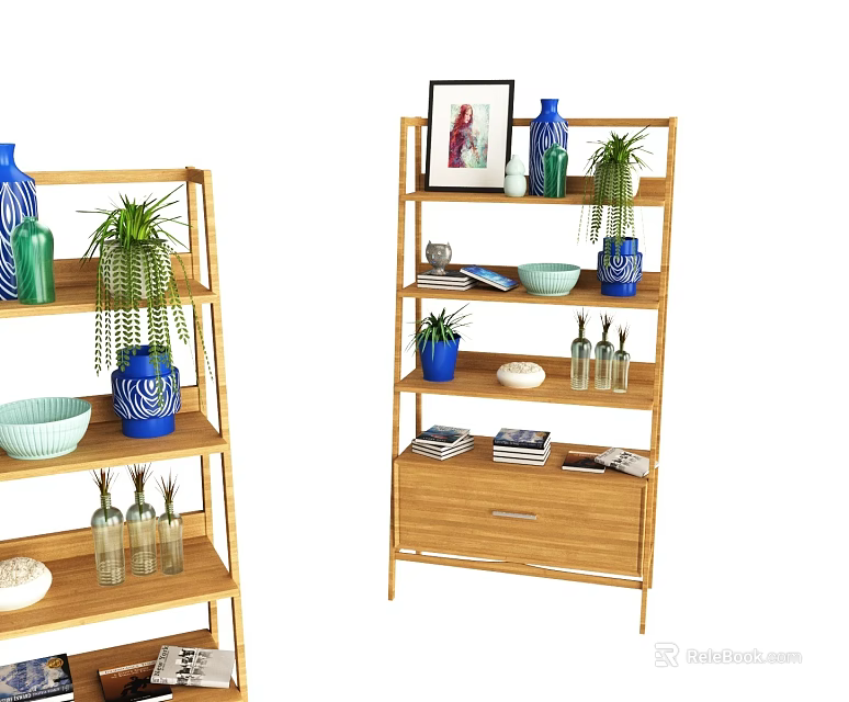 Functional Bamboo Shelf Unit With Potted Plants Decorative Vases Ceramic Bowls Picture Frame And Drawer 3d model 