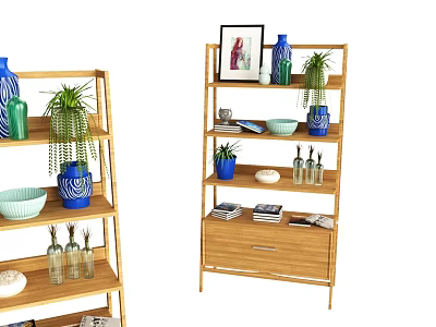 Functional Bamboo Shelf Unit With Potted Plants Decorative Vases Ceramic Bowls Picture Frame And Drawer 3d model