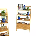 Functional Bamboo Shelf Unit With Potted Plants Decorative Vases Ceramic Bowls Picture Frame And Drawer