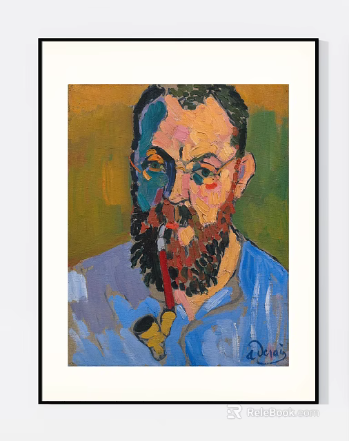 Portrait Painting of Bearded Man With Glasses Smoking Pipe in Blue Shirt and Colorful Background 3d model 