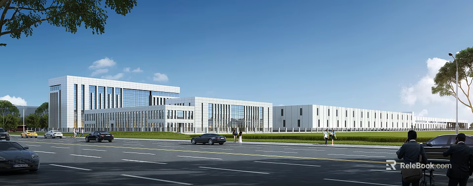 Modern Industrial Factory Building With Large Glass Windows White Gray Facade Green Lawn And Road 3d model 