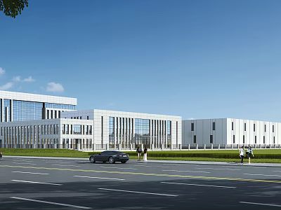Modern Industrial Factory Building With Large Glass Windows White Gray Facade Green Lawn And Road 3d model