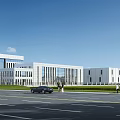 Modern Industrial Factory Building With Large Glass Windows White Gray Facade Green Lawn And Road