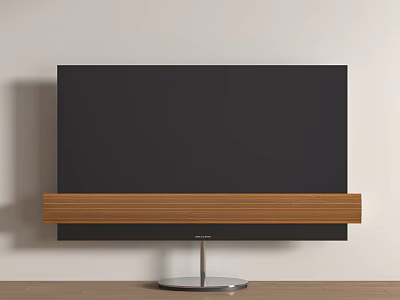 Black Television on Wooden TV Stand with Metal Base Light Colored Wall and Wooden Floor 3d model