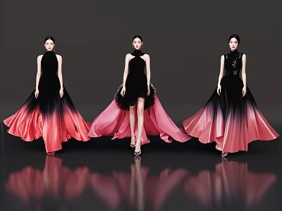 Women in elegant black gradient red long dresses standing on black background with reflections 3d model