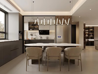 Modern Restaurant Interior Featuring Open Kitchen Dining Table Chairs And Pendant Lights 3d model
