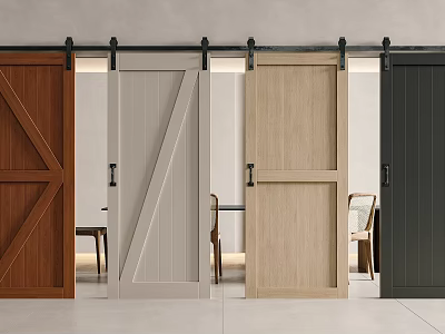 Various Wooden Sliding Doors With Different Colors And Designs In Modern Interior 3d model