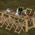 Outdoor Wooden Dining Table And Chair Set On Green Grass With Food Drinks And Fruits