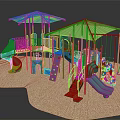 Playground Equipment With Green Canopies Yellow Railings Red Pillars Slides Swings Climbing Net Gravel Surface