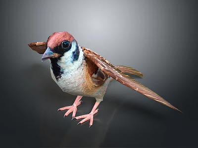 Red Headed Sparrow With Black Throat Brown Wings And White Belly Spreading Wings 3d model