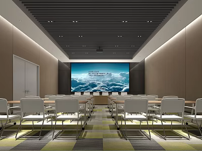 Modern Conference Room Interior With Large Projection Screen Arranged White Chairs And Patterned Carpet 3d model