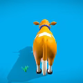 Cartoon Cow With Yellow White Spots Blue Rope Bell Blue Ball Green Grass Blue Background