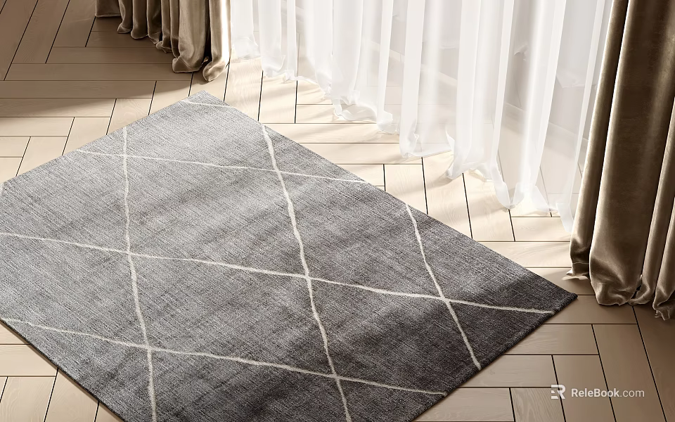 Gray Square Rug With White Geometric Lines On Wooden Floor 3d model 
