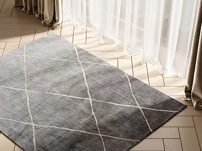 Gray Square Rug With White Geometric Lines On Wooden Floor 3d model
