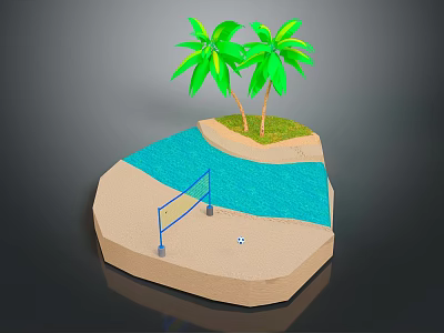 Decorative Beach Scene Set With Palm Trees Sand Water Volleyball Net And Ball 3d model