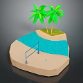 Decorative Beach Scene Set With Palm Trees Sand Water Volleyball Net And Ball