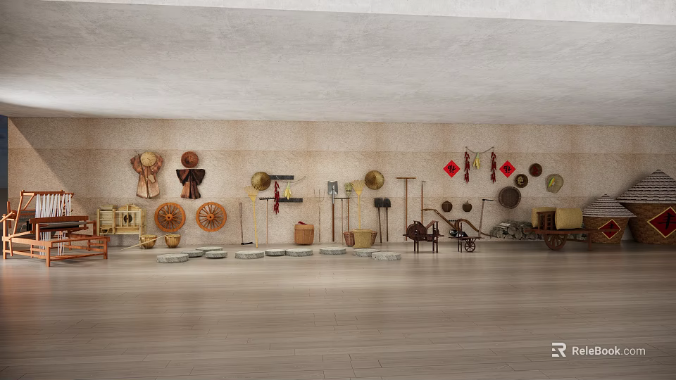 Vintage Industrial Equipment Display with Old Tools Stone Mill and Wooden Cart 3d model 