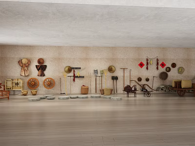 Vintage Industrial Equipment Display with Old Tools Stone Mill and Wooden Cart 3d model