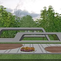 Modern Geometric Landscape Wall Surrounded By Green Trees With Circular Platforms Lawn And Flower Bed