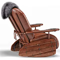 Brown Leather Lazy Sofa With Black Faux Fur Backrest And Wooden Base Armrests