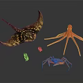 Colorful Marine Animals Including Manta Ray Octopus and Crab in Underwater
