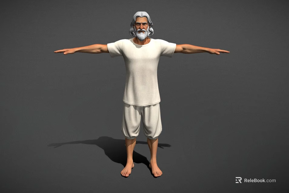 Man With White Hair Beard In White T Shirt Shorts Arms Outstretched Barefoot Gray Background 3d model 
