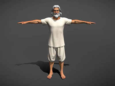 Man With White Hair Beard In White T Shirt Shorts Arms Outstretched Barefoot Gray Background 3d model