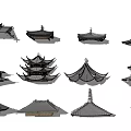 Traditional Chinese Architectural Components With Various Roof Designs And Classic Wooden Structures