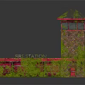 Fire Station Brick Structure With Moss Covered Walls Red Doors Roof Edge And Tower